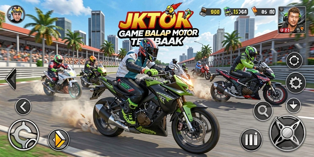 Tampilan dinamis balapan motor di JKTOK dengan efek cuaca.