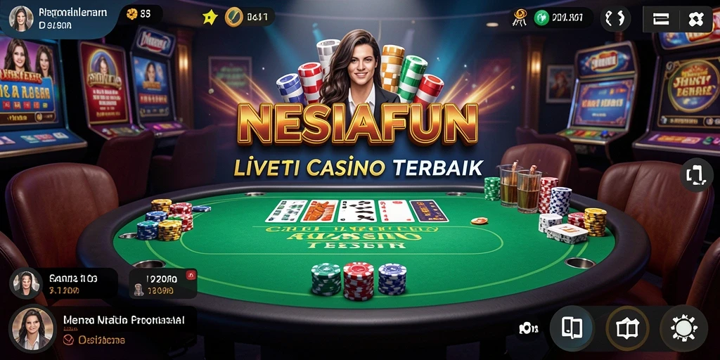 Screenshot gameplay NESIAFUN menampilkan dealer langsung dan suasana kasino yang mendebarkan.